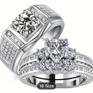 Gorgeous Ring Set with Cubic Zirconia & Heart Stainless Steel Size 9